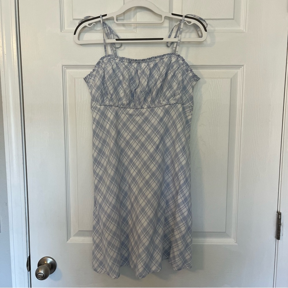 Hollister Slip Mini Dress Light Blue Plaid Tie Straps (M)